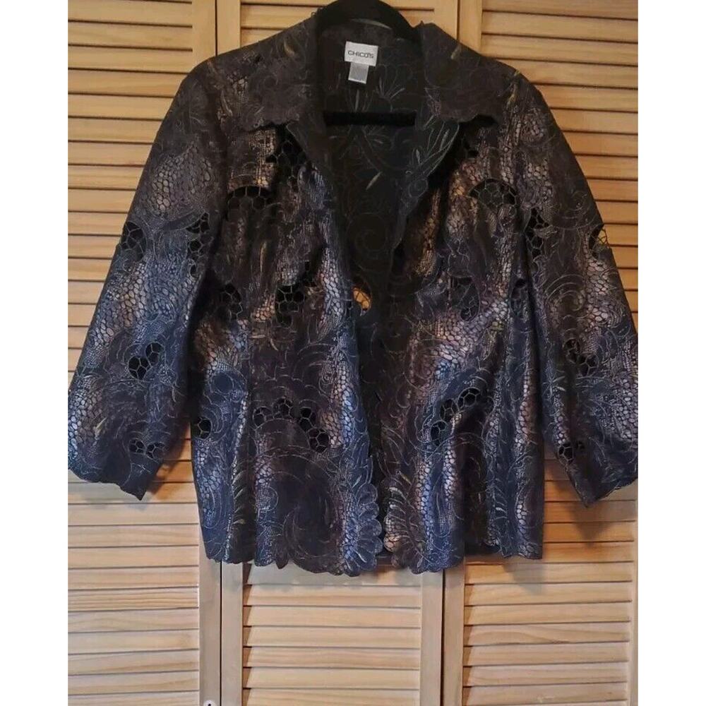 Chicos 2 Cut Out Lace Embroidery 3/4 Sleeve Blazer Black Bronze Waist Jacket